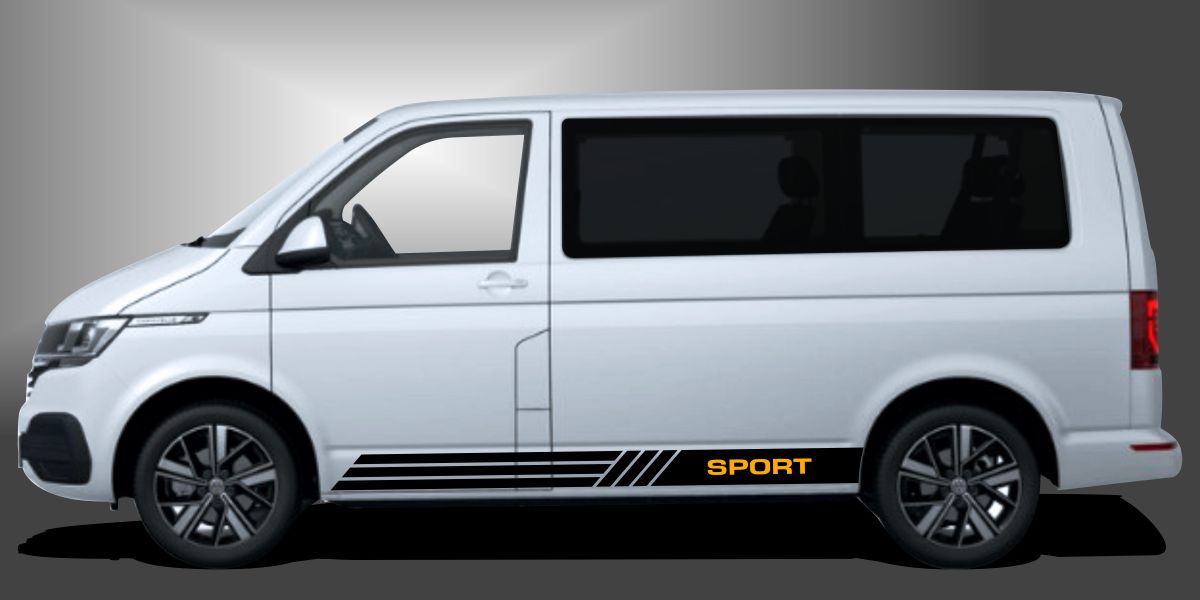 T6 Bus Racing Set in Schwarz und Dunkelgelb auf weißem VW T6