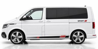 T6 Bus Stickers in Schwarz und Dunkelrot auf einem weißen VW T6