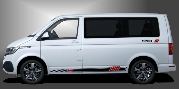 T6 Bus Stickers in Schwarz und Dunkelrot auf weißem VW T6