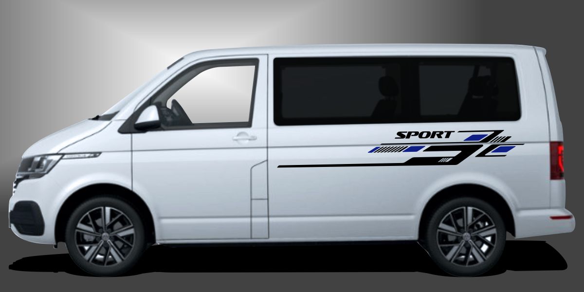 T6 Bus Tuning Aufkleber in Schwarz und Blau auf weißem VW T6