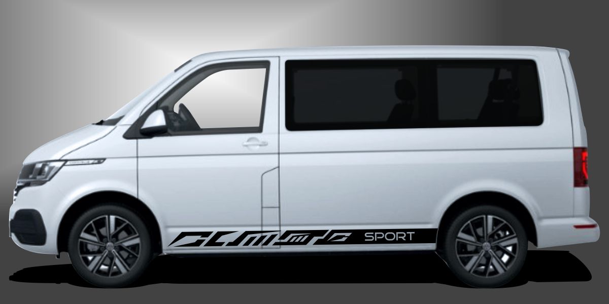 T6 Bus Tuningaufkleber als sportlicher und exzellenter Rallystreifen in Schwarz auf weißem VW T6