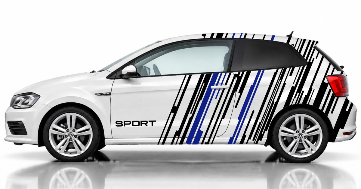 Tuning Aufkleber in Schwarz und Blau auf einem weißen VW Polo