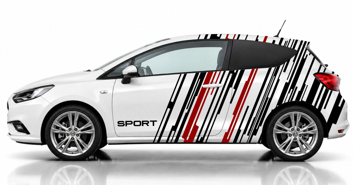 Tuning Aufkleber in Schwarz und Dunkelrot auf einem weißen Opel Corsa