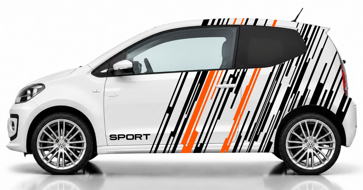 Tuning Aufkleber in Schwarz und Orange auf einem weißen VW UP