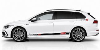 Tuning Aufkleber Streifen in Schwarz und Dunkelrot auf einem weißen Golf 8 Variant