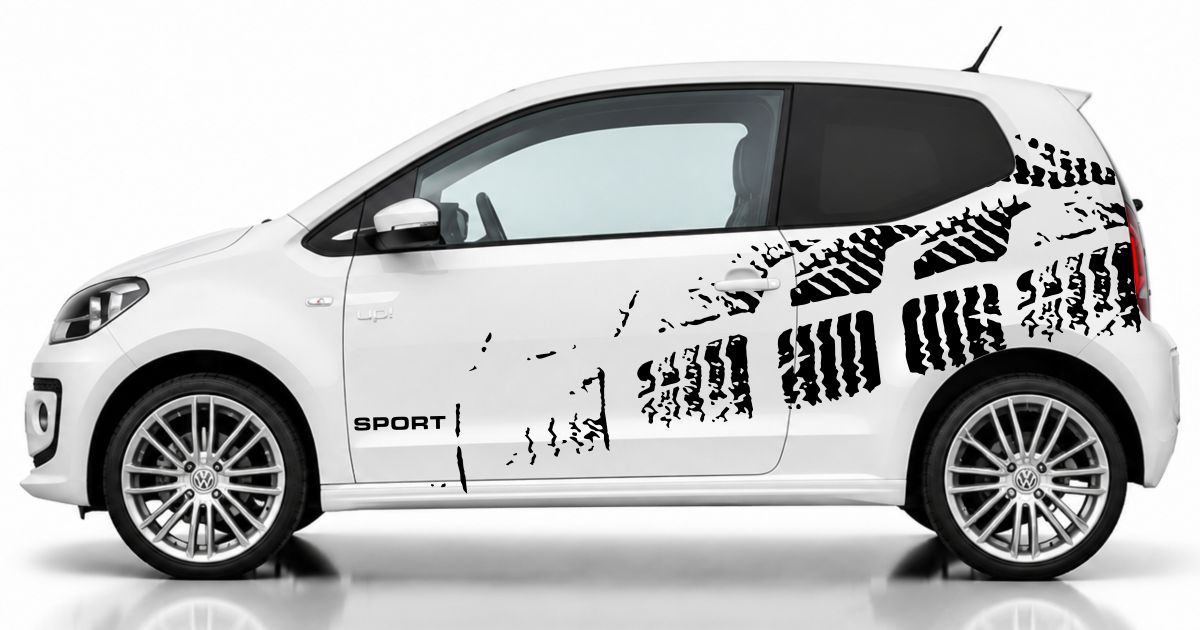 Tuning Sticker in Schwarz auf einem weißen VW UP