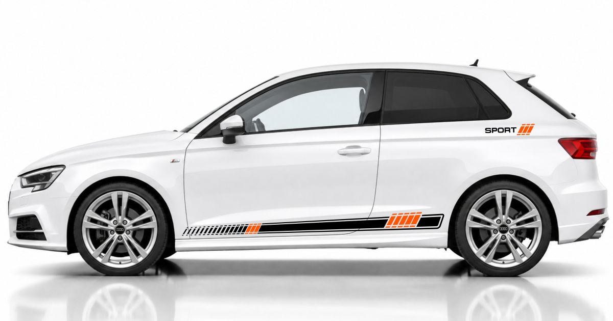 Tuning Streifen Auto in Schwarz und Orange auf einem weißen Audi A3 Sportback