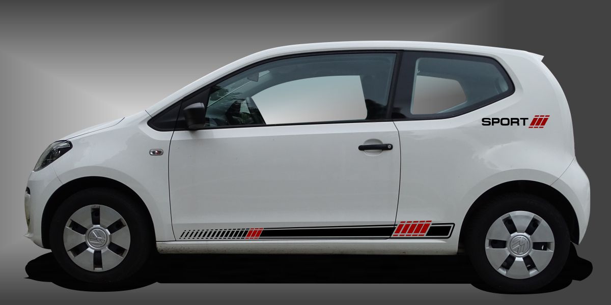 Tuning Streifen in Schwarz und Dunkelrot auf weißem VW UP