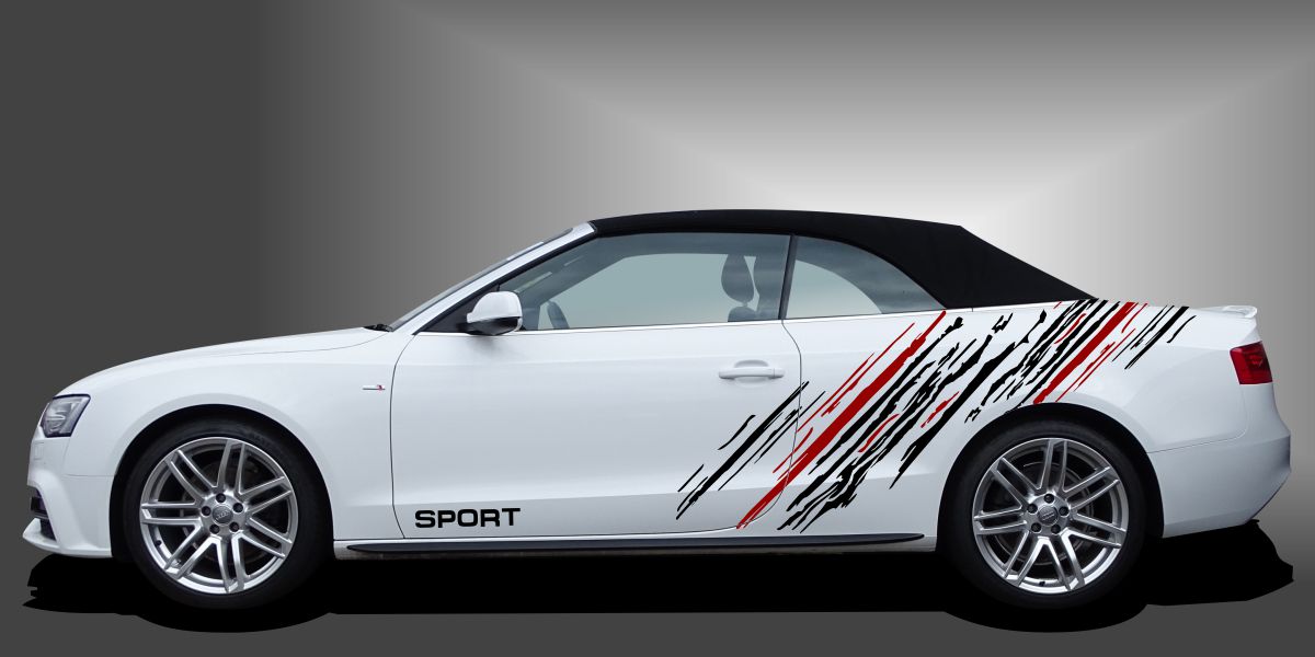 Tuningaufkleber in Schwarz und Dunkelrot auf weißem Audi A3 Cabrio