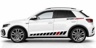 Tuningstreifen Auto in Schwarz und Dunkelrot auf einem weißen VW T-Roc