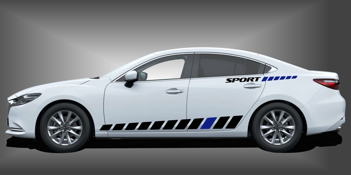 Tuningstreifen fürs Auto in Schwarz und Blau auf weißem Mazda 6