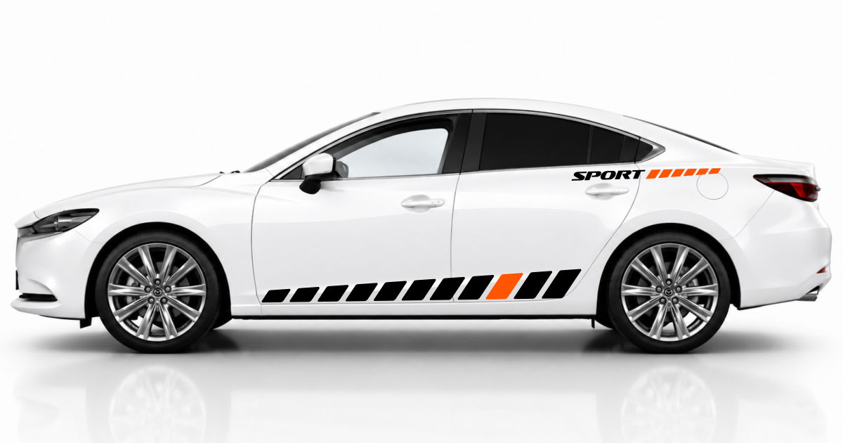 Tuningstreifen fürs Auto in Schwarz und Orange auf einem weißen Mazda 6