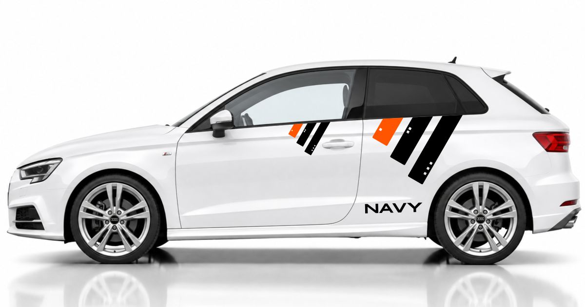 Vinyl Aufkleber in Schwarz und Orange auf einem weißen Audi A3 Sportback