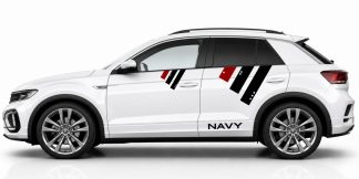 Vinyl Autoaufkleber in Schwarz und Dunkelrot auf einem weißen VW T-Roc