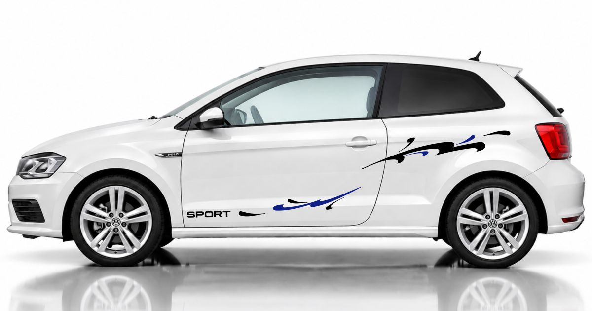 Vinyl Autofolie in Schwarz und Blau auf einem weißen VW Polo