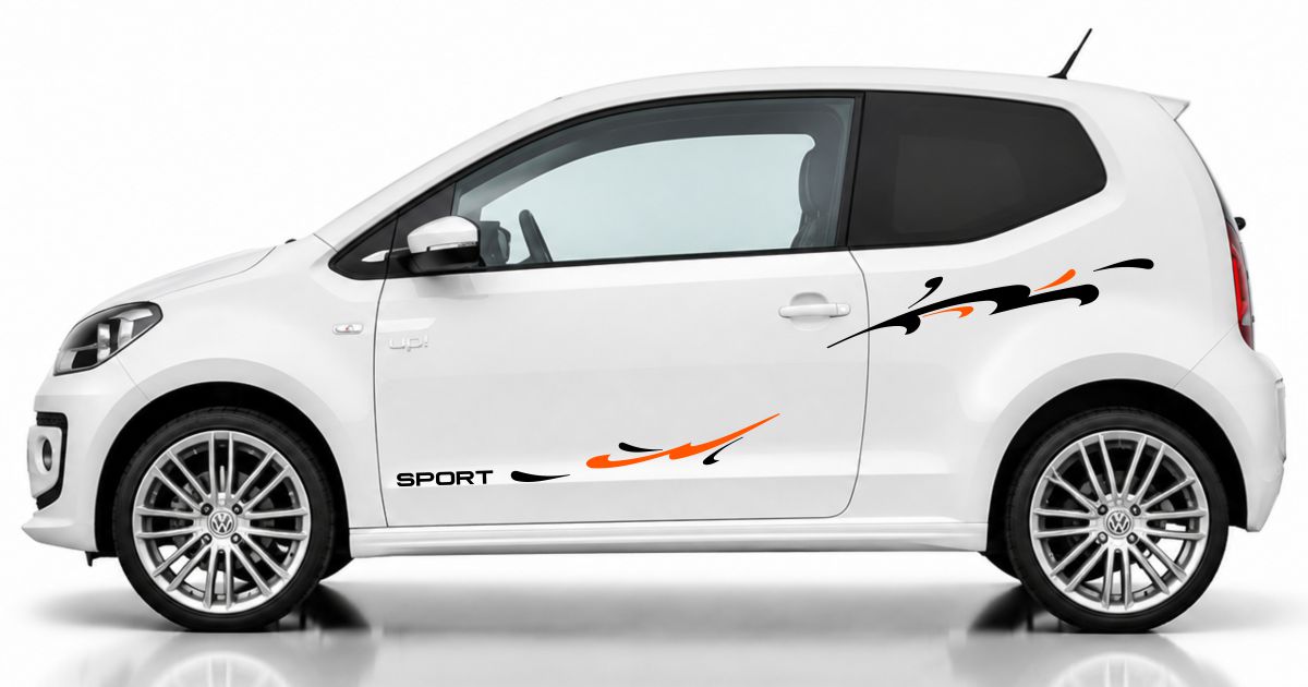 Vinyl Autofolie in Schwarz und Orange auf einem weißen VW UP