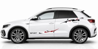 Vinyl Seitenstreifen in Schwarz und Dunkelrot auf einem weißen VW T-Roc