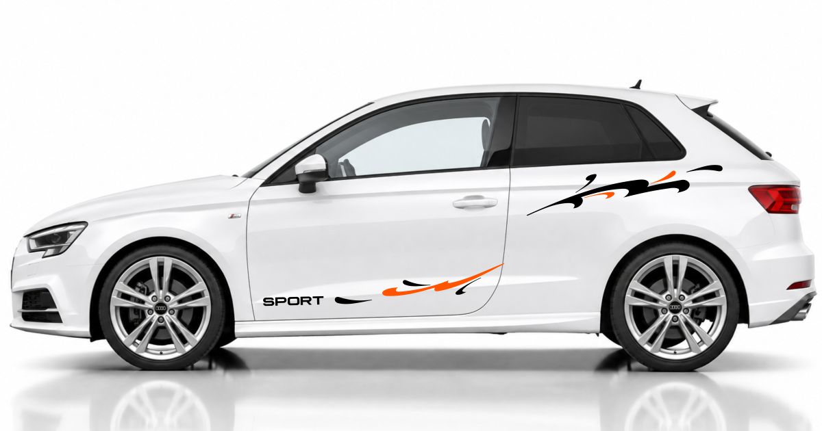 Vinyl Streifen in Schwarz und Orange auf einem weißen Audi A3 Sportback