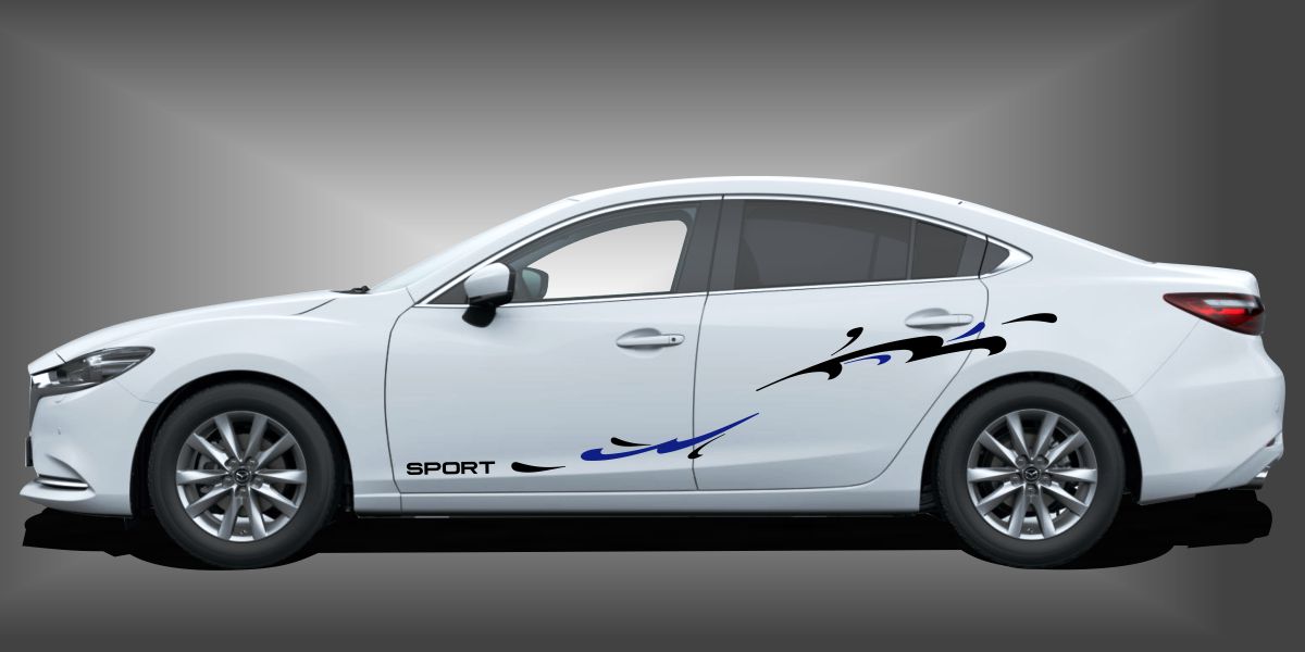 Vinyl Tuning in Schwarz und Blau auf weißem Mazda 6