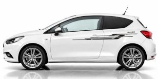Vinyl Zierstreifen in Schwarz und Dunkelrot auf einem weißen Opel Corsa
