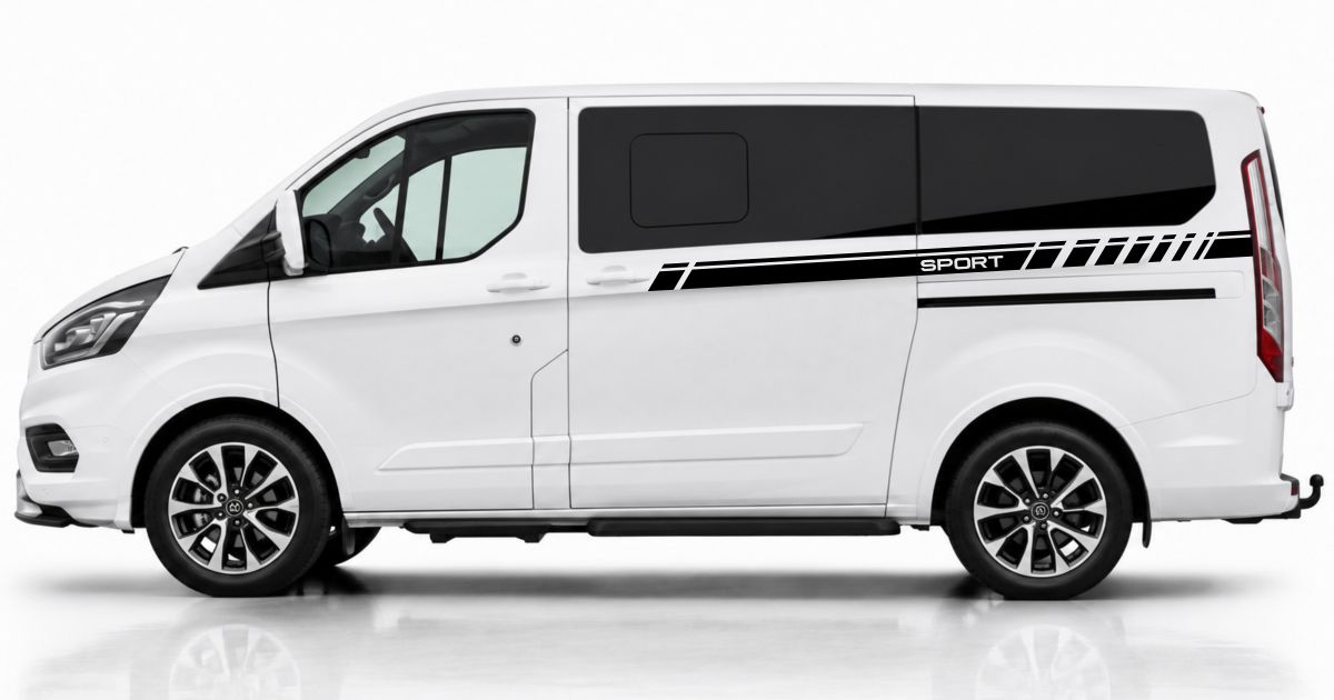 VW Bus Streifen in Schwarz auf einem weißen Ford Tourneo Custom