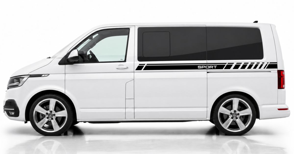 VW Bus Streifen in Schwarz auf einem weißen VW T6