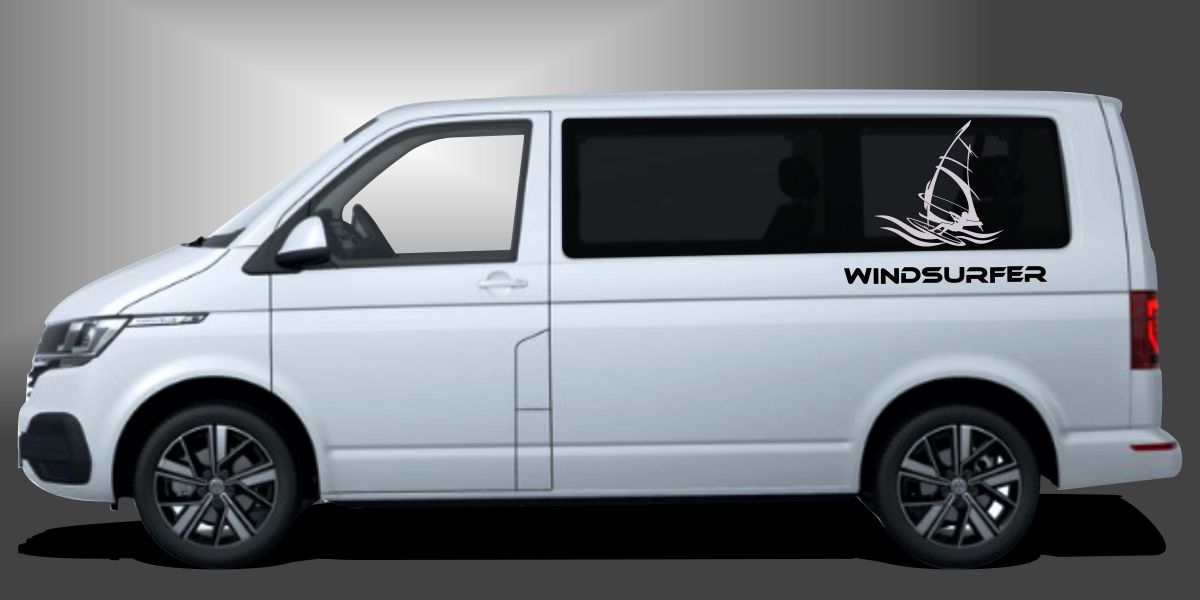Windsurfer Aufkleber in Schwarz und Silber auf weißem VW T6