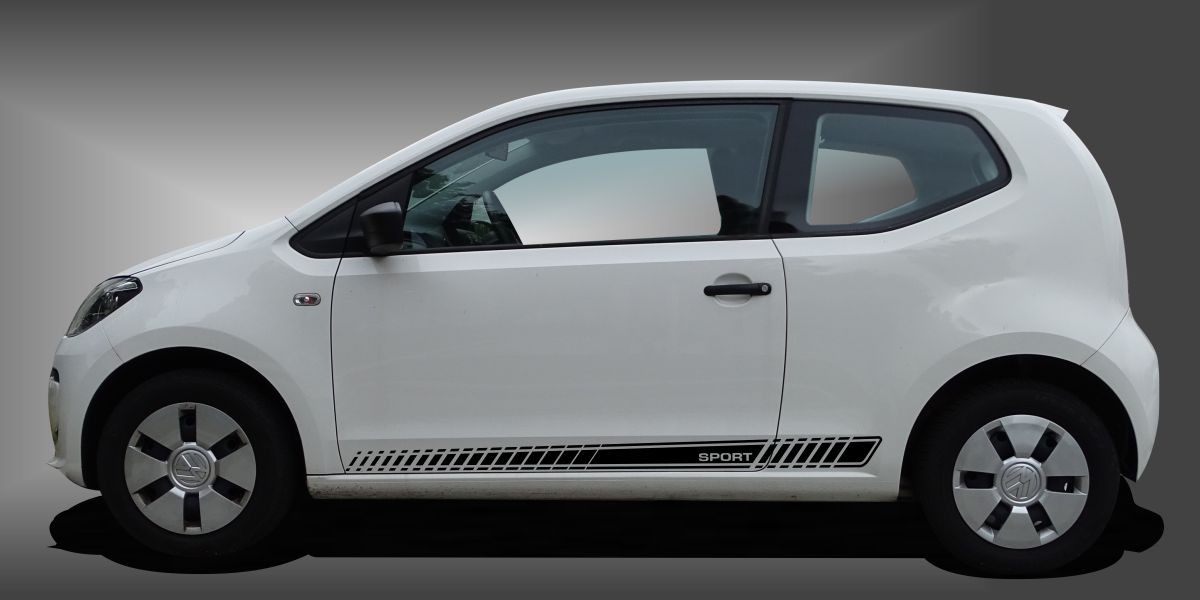 Zierstreifen am Auto in Schwarz auf weißem VW UP