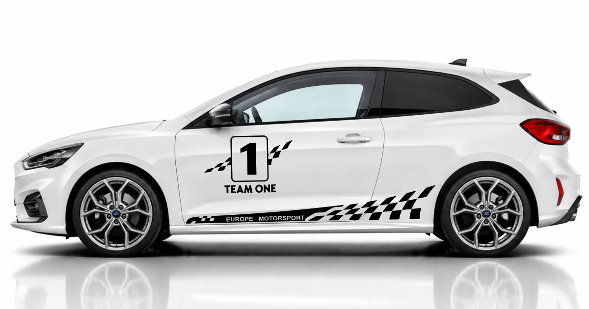 Zierstreifen Auto in Schwarz auf einem weißen Ford Focus