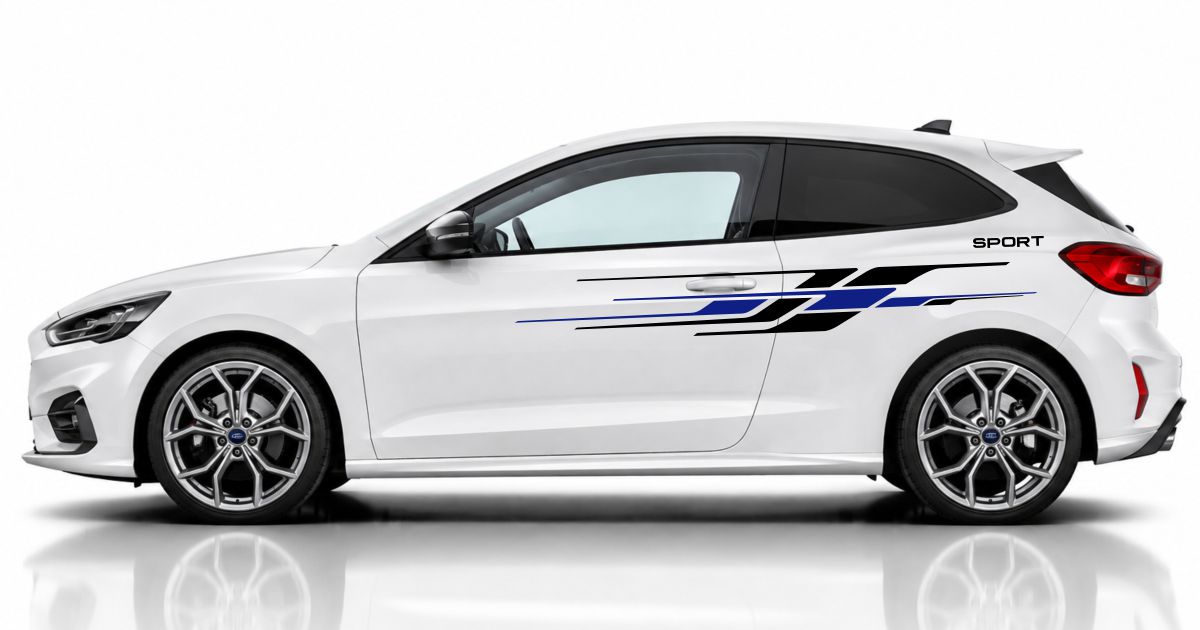 Zierstreifen in Schwarz und Blau auf einem weißen Ford Focus