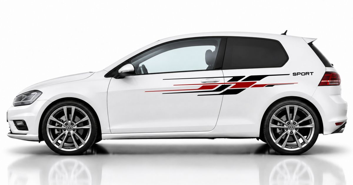 Zierstreifen in Schwarz und Dunkelrot auf einem weißen VW Golf 7