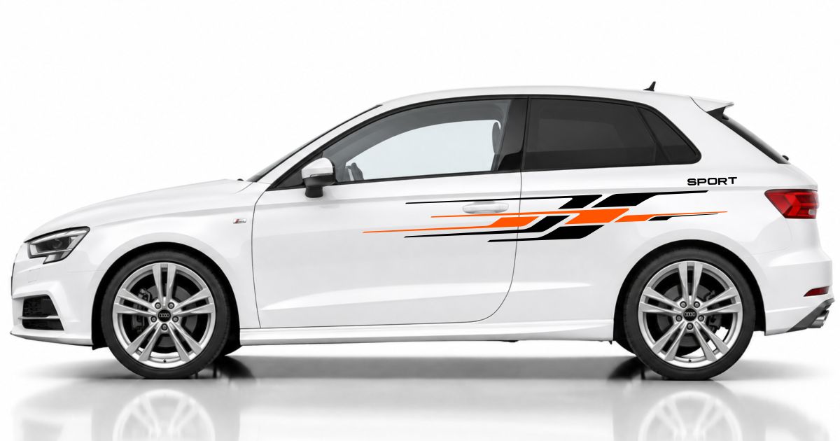 Zierstreifen in Schwarz und Orange auf einem weißen Audi A3 Sportback